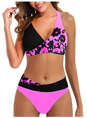 Tankini Maillot de Bain Femme 2 Pieces Imprimée Sexy 2024 Chic et Elegant Bikini Maillot de Bain Swimwear Push up Casual Ete Sport Plage Bikini Femme 2 Pieces Sexy Marque Beachwear 06 Rose M