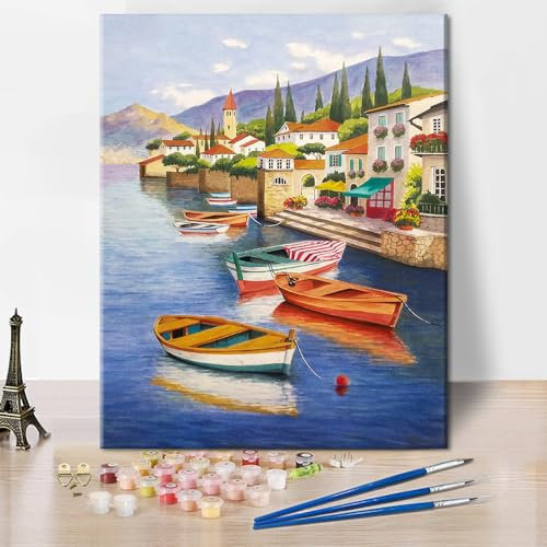 TISHIRON Paint by Numbers for Adults Landscape, DIY Oil Painting Location Boat Lake Forest Clouds Reflection Acrylic Paint by Number Kits for Adults Beginner for Home Wall Decor Gift 16x20 inch