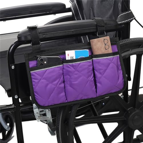 DINYAO 1PCS Wheelchair Side Bag Armrest Storage Pouch Accessories with Cup Holder Attachement and Reflective Strip Use Waterproof Fabric ，for Most Wheelchairs, Walkers or Rollators (Purple)