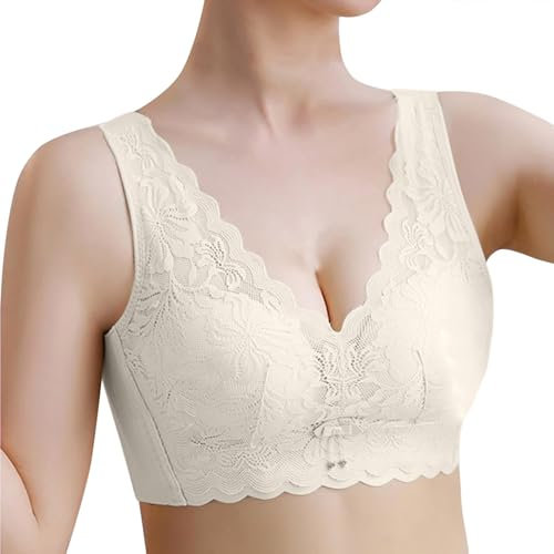BH Ohne Bügel Große Größen Push Up Unterwäsche Sexy Set Damen-Komfort-BH Ohne Bügel, Nahtloser Sport-BH, Gepolsterter Spitzen-BH, Weicher, Nahtloser Stretch-Bustier, Mittelstarker Halt, (Beige, L)