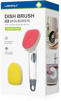 LANMU Spülbürste mit Spülmittelspender Nachfüllbare Spülbürste Abwaschbürste Set mit 2 Schwamm,Küchenbürste für Topf, Pfanne, Spüle Reinigung (1 Griff + 2 Schwammnachfüllungen)