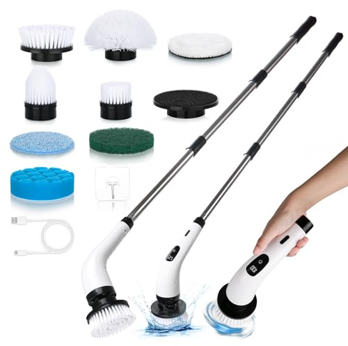 Tuocal Electric Spin Scrubber, Cordless Cleaning Brush with 8 Replaceable Brush Heads and Adjustable Extension Handle, Power Cleaning Brush for Cleaning Bathroom Bathtub Kitchen Tile Floor