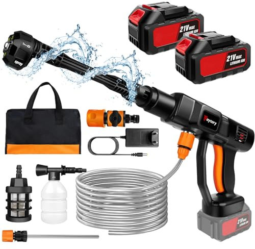 Hidrolimpiadora sin Cable,45 Bar/652 PSI Hidrolimpiadora portátil con batería de 2PCS 3.0Ah,Boquilla Ajustable 6 en 1,Manguera de 16.4FT Limpiadora a presión para Coche/Suelo/jardín Limpieza y riego