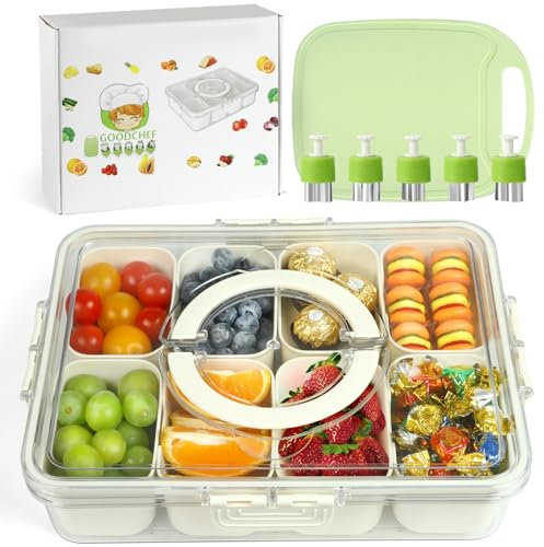 Kids Divided Serving Tray with Lid and Handle Container Set, Portable Snack Bowl Serving Platter with 8 Dishes Snack Platters Organizer for Fruits, Veggie, Nuts, Snacks, Party, Travel & Picnics