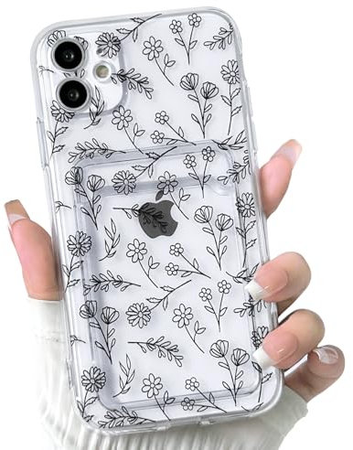 NITITOP Compatible with iPhone 12 Mini Case Clear with Card Holder Cute Flower Floral Leave Pattern for Women Girl Soft TPU Shock-absorbing Wallet Case Protective Phone Cover - Black