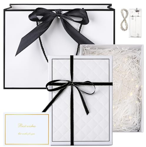 taonganui Geschenkbox mit Deckel,Geschenktüten aus Papier, Geschenk box mit Schleife und Grußkarte, 25×18×8,8 cm Geschenkkarton Faltbare Weiß Geschenkschachtel für Geburtstag,Jahrestag,Hochzeit