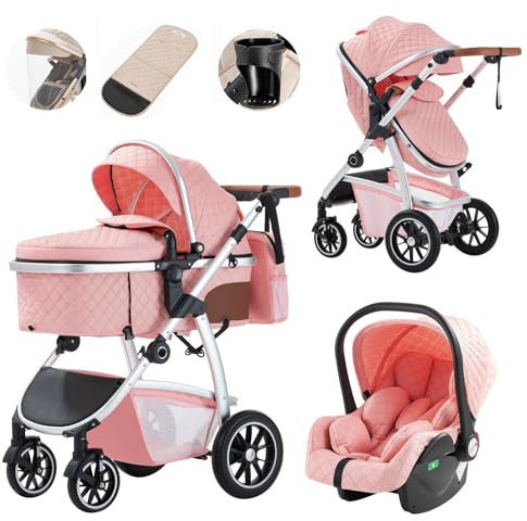 Lnhcrbs Passeggino 3 in 1,Passeggino Trio Dotato Di Maniglia Regolabile in Altezza e Set Di Seggiolini Auto,Passeggino Leggero Viene Fornito Anche Con Una Rete Anti-Zanzare e Una Borsa Esclusiva Mamma