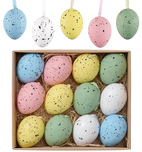 Valery Madelyn 12pcs Easter Egg Decoration Tree Ornaments Set, 4CM Shatterproof Hanging Easter Eggs for Tree, Basket Stuffers Egg Bulk for Spring Window Party Decor (Colorful)