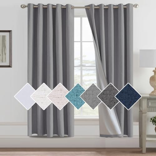 H.Versailtex 100% Grey Curtains for Bedroom with White Liner, Faux Linen Thermal Curtains for Bedroom, W66 x L72 Inch 2 Panels Set, Grey