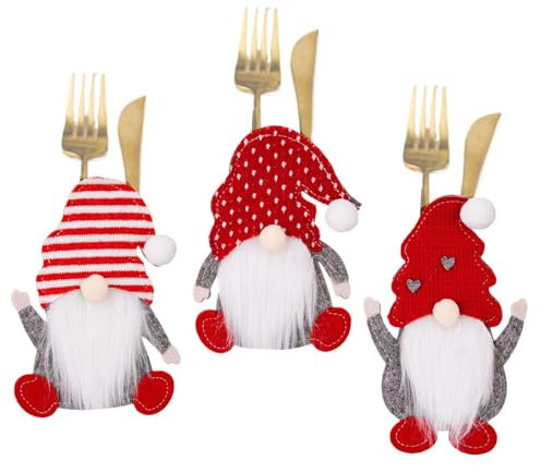 Gwtdtoad Porta Cubiertos Navideños,Bolsa Para Cubiertos Navideños, 3x Porta utensilios navideños con gnomos de dibujos animados, Bolsa para soporte de cuchara y tenedor, soporte para cubiertos para
