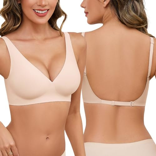 Tuopuda Reggiseni Schiena Scoperta Donna Reggiseno Invisibile Senza Ferretto Reggiseni Senza Cuciture Fili a V Profondo Push Up Comodo Multiway Bretelle Convertibili(Beige,L)