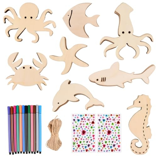 32 Stück Meerestiere Holz Bastelset Kinder, Meertier Holzscheiben Bemalen Basteln mit Aquarellstift Seil Sticker, Meerestiere Holzornamente Malen, Meerestier-Holzstücke, Ozean Tiere Diy Ausschnitte