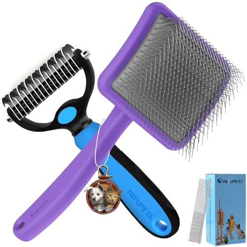 YOYUPETA Large Slicker Brush for Dogs - 3PC Pet Grooming Kit - Undercoat Rake & Stainless Comb | Long Pins Remove Mats on Poodles, Golden, Labradoodles | Thick Coat Deshedder for Dogs, Cats, Purple