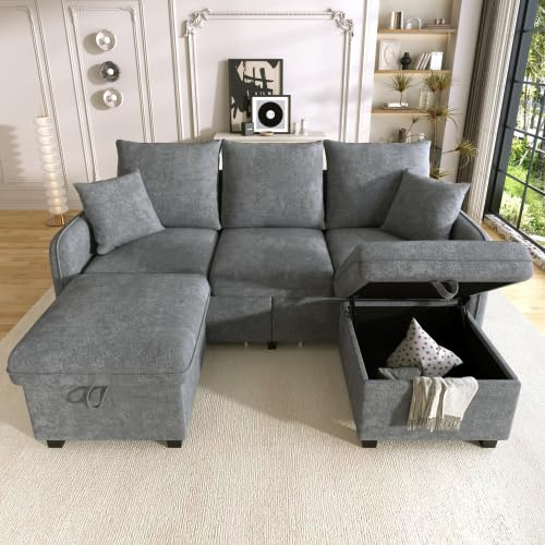 Ecksofa in U-Form, 3-Sitzer-Sofa mit weichen Kissen, inklusive Schubladen und Hocker mit Stauraum, zerlegbares modulares Sofa mit Bettfunktion, Chenille (Dunkelgrau)