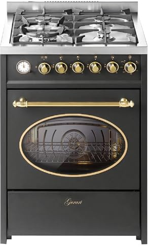 GURARI Gas Standherd 60 cm GCH E 614 Schwarze Gasherd mit Elektrobackofen | Drehspieß | Elektro-Analog-Timer mit STOP-Funktion | Push-Pull | Gas Control | Range Cooker Erdgas/Propan