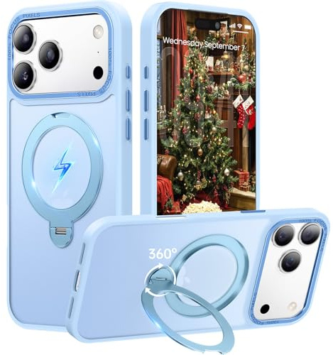 Peerock für iPhone 17 Pro Hülle mit 360°Drehbarem Unsichtbarem Magnet-Ständer, TOP Militärschutz & Magnetkraft Handyhülle für iPhone 17 Pro Case, Stoßfestes & Kratzfestes Mattgehäuse 6,3, Hellblau