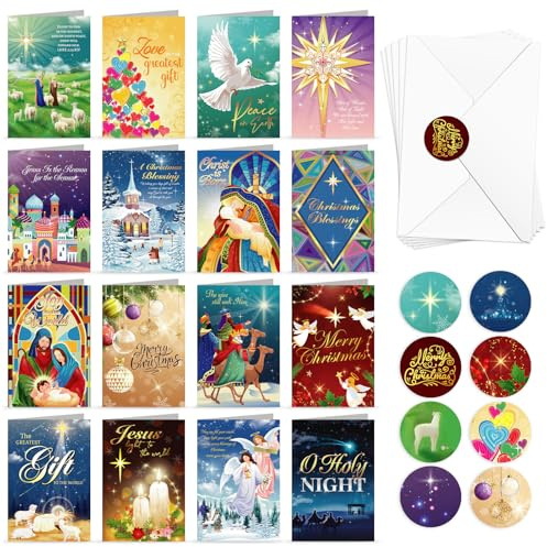 DPKOW Religious Christmas Cards with Envelopes Stickers, 16 Multipack Cards Christian Christmas Nativity Card, Nativity Scenes Greeting Card for Family Friends Colleagues Neighbors