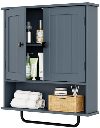 RRX Bathroom Cabinet Wall Mounted Medicine Cabinets with Towels Bar (Gray) | Over The Toilet Storage Cabinet with 2 Doors and Adjustable Shelf, White Wall Cabinet for Bathroom Laundry Kitchen
