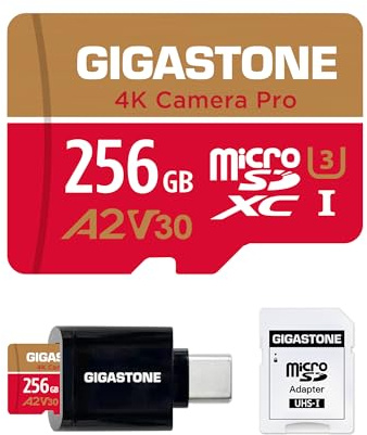 [Récupération de données Pendant 5 Ans] Gigastone microSD 256 Go A2 V30 UHS-I U3, Jusqu’à 100 Mo/s, 4K UHD, Smartphone/GoPro, Adaptateur et Lecteur USB-C