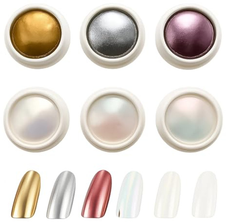 6Pcs Chrome Nail Powder, for Gel Polish, Ultra Fine Metallic Mirror Effect Aurora Iridescent Pearl Pigment, Long-Lasting Rose Gold Chrome Nail Powders for Nails Art Salon & DIY Manicure
