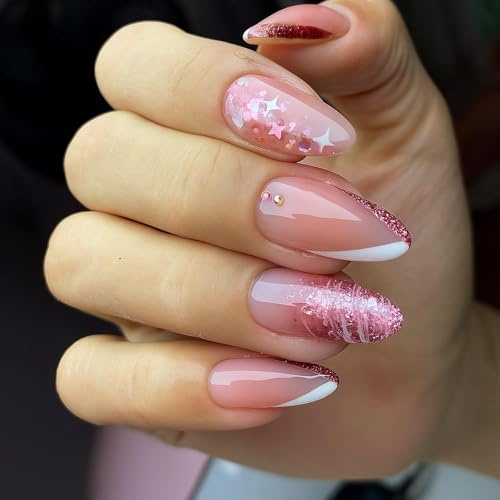 Short Almond Press On Nails, 24-Piece Nude Pink French Tip Nail Set | Glossy Finish, Rose-Pink Glitter, White Star Motifs And Iridescent Gems, For Home Manicures, Everyday Wear And Social Events