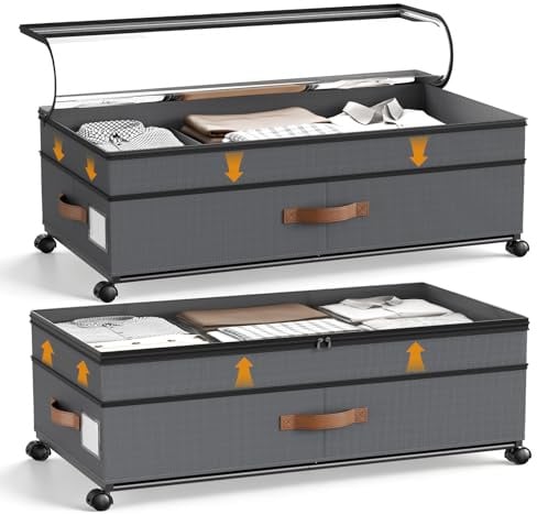 2 Stück Unterbett Aufbewahrungsbox mit Rollen 72L, Unterbettkommode mit PVC Deckeln & 3 Griffe & Etikett, 78×42×17-26cm Unterbett Aufbewahrung mit Rollen 360° Drehung für Kleidung Schuhe Decken