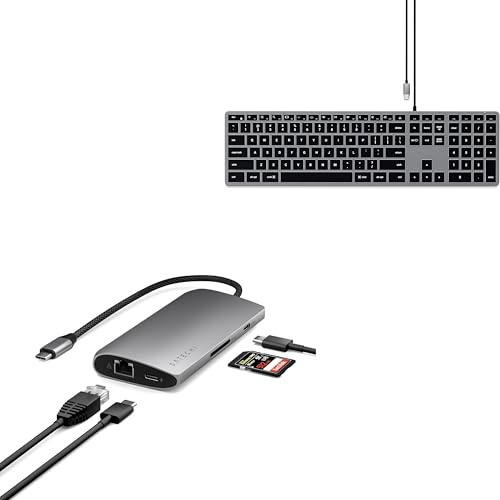 Satechi 8 in 1 USB C Hub V3 and Slim W3 Wired Keyboard (US QWERTY Layout with No £ Sign) Bundle