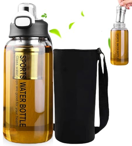 VEGOATY 1500ML Glasflasche : Premium Schwarzer Glas Trinkflasche Glas, Teewassertrennung mit Strohhalm Wasserflasche Glas, Neoprenhülle, Silikonbürste, Glasflasche mit Deckel, für Büro und Zuhause