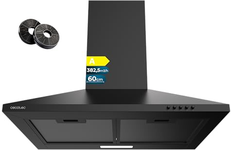 Cecotec Campana Extractora Piramidal 60 cm Bolero Flux PM 604000 Black A. Acabado Pintado Negro, Succión 382,5 m³/h, 3 Velocidades, Filtros de Carbono Incluidos, Clase A, Motor BLDC y Luz LED
