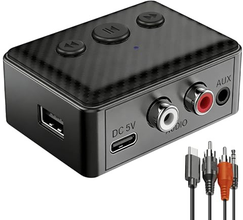 Ricevitore Audio Bluetooth 5.4,Adattatore Bluetooth con Uscita RCA/AUX Jack 3,5mm e Controllo Volume,Supporto USB,Ricevitore Bluetooth per Auto & sistema stereo in streaming di musica domestica, HiFi