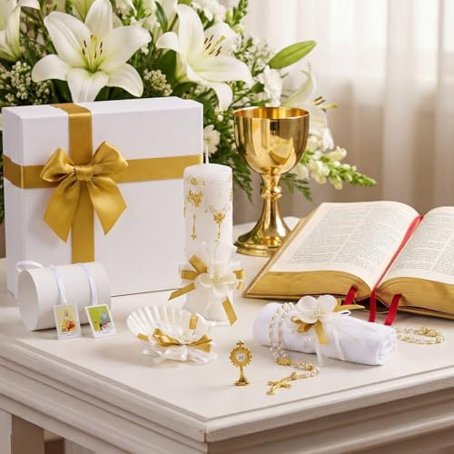 Liliful 7 Pcs White Baptism Candle Set Catholic Baptismal Candle Towel Rosary Necklace Shell Pin Pendant Christening Gift for Godparent Guest Favor Decoration First Holy Communion Gift (Fresh,Gold)