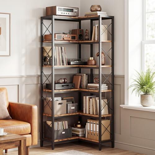 IRONCK Corner Bookshelf, 6-Tier L-Shaped Corner Bookcase with Adjustable Feet, Tall Corner Shelf Storage Display Cabinets for Living Room, Bedroom, Home Office, Rustic Brown, 60×60×167cm