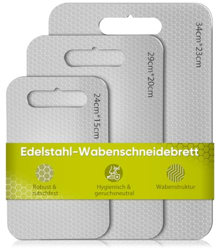 3PCS Edelstahl Schneidebrett mit Titanium – Wabenförmige & glatte Doppelseite, antibakteriell, BPA-frei. Inkl. S/M/L Größen