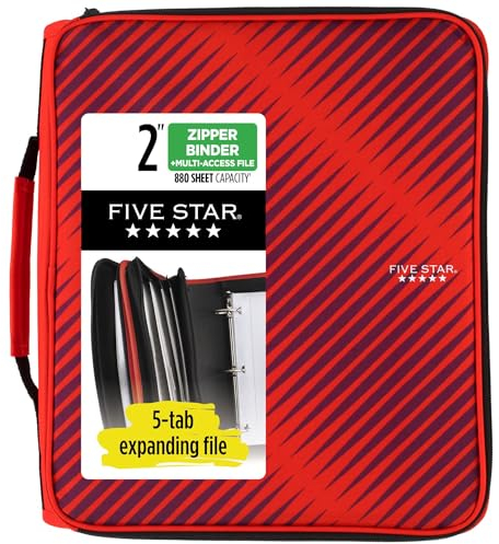 Five Star Reißverschlussordner, 5,1 cm, 3-Ringbuch mit runden Ringen, 5 Fächermappen, Kapazität 380 Blatt, Feuerrot (72538)