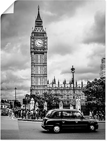 ARTLAND Wanddeko Poster & Kunstdrucke Wandposter England Architektur Turm Uhr Big Ben Foto Schwarz Weiß London Taxi Q7QP