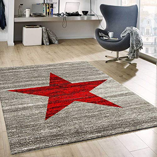 VIMODA Rot Trendiger Kurzflor Teppich, Sternmuster jugenzimmer Grau Plegeleicht, Maße:120x170 cm