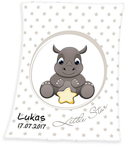 Wolimbo Babydecke mit Namen personalisiert - Motiv Nashorn - Besticktes Geschenk für Mädchen und Junge