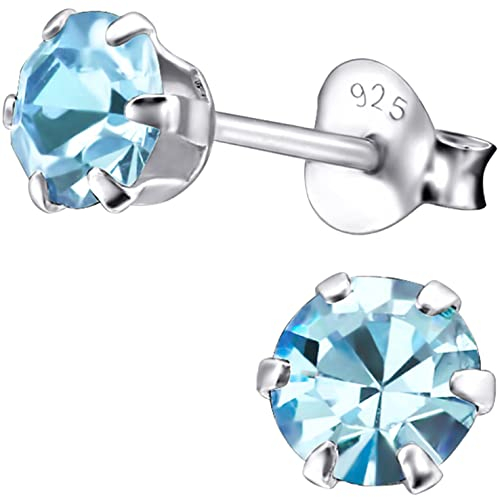EYS JEWELRY Damen Ohrstecker 925 Sterling Silber – 5 mm runde Zirkonia Kristalle in Aquamarinblau – Klassische Silber Ohrringe für Frauen