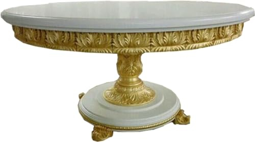 Casa Padrino Mesa de Comedor barroca de Lujo Redonda Blanca/Dorada con Tapa de Cristal de 140 cm - Mesa barroca