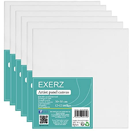 EXERZ 40x50cm Paneles de Lienzos 6 piezas - 0,3cm de Espesor/Lienzos 280GSM / 100% Algodón - Color Blanco/Triple Preparado/Libre de Acido/Hebra Media / - acrílicos & óleo