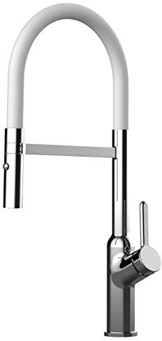Design Küchenarmatur chrom Wasserhahn mit 360° schwenkbarem Auslauf und 2 strahl Handbrause - Brauseschlauch in Weiß