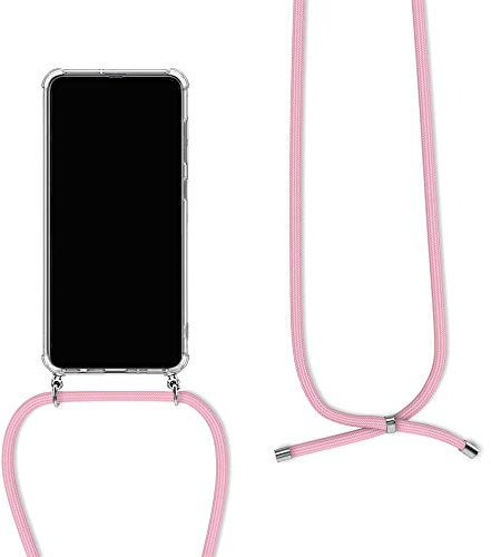 Orgstyle Coque avec Collier pour Motorola One Hyper, Transparent TPU Silicone Bumper Case avec Smartphone Tour de Cou Lanière en Corde Réglable Étui pour Téléphone Portable, Rose