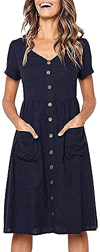 TEDD Robe Femme Chic et Élégant d'été à Manches Courtes Mi - Longue Boutons - décoratifs Casual Col en V avec Poches Taille S-XL