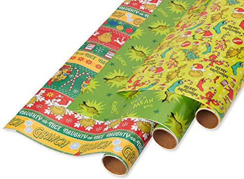 American Greetings 6691128 Wrapping Paper, Grinch (1-Roll, sq Weihnachts-Geschenkpapier mit Gitterlinien, The (3 Stück, 105 m²) ft.), Papier