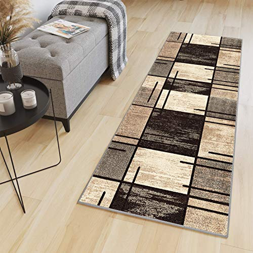 HaiTaoSy Tapis Cuisine Vinyle Carreaux de Ciment 70 x 320cm, Tapis Couloir Antidérapant et Lavable (sur Mesure & 10 Designs), Beige, Marron