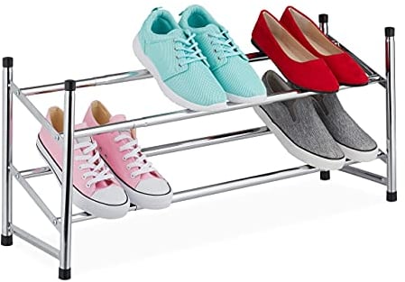 Relaxdays Schuhregal ausziehbar, 2 Ebenen, 10 Paar Schuhe, Metall & Kunststoff, H x B x T: 36 x 63-115 x 23 cm, Silber, Eisen, 36 x 115 x 23 cm
