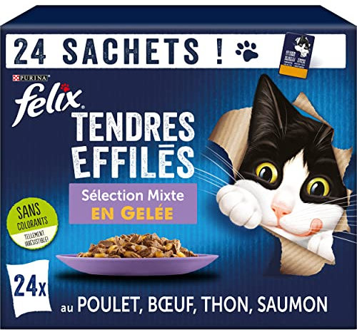 FELIX | Tendres Effilés | Chat Adulte | En Gelée | Alimentation complète | Sélection Mixte : au Bœuf, Poulet, Thon et Saumon | Sachets Fraîcheurs | Lot de 4 (24x85g)
