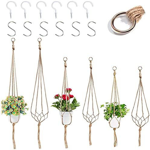 WAIZHIUA 6Pcs Macrame Plant Hangers, Jute Rope Hanging Planter Basket Flower Pot Hanging Plant Holder with 3 Hanging Hooks for Indoor Outdoor Ceiling Garden Home Decor