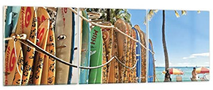 Mehrteilige Bilder auf Glas 120x40cm Glasbild Board Surfen Strand Groß Wanddeko Bild im Glas Schlafzimmer Küche Set 3 teilige Wandbilder Dekoration Wohnzimmer Modern Wand Kunstdruck Art GCA120x40-4165