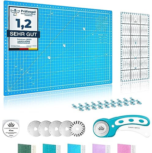 Lange & König Rollschneider Set in 3 Größen [A1, A2, A3] und 5 Farben Inkl. Schneidematte, Rollschneider, 5 Ersatzklingen, Patchwork-Lineal + 20 Stoffklammern als Nähzubehör (A3 Blue V2, A2 Set)